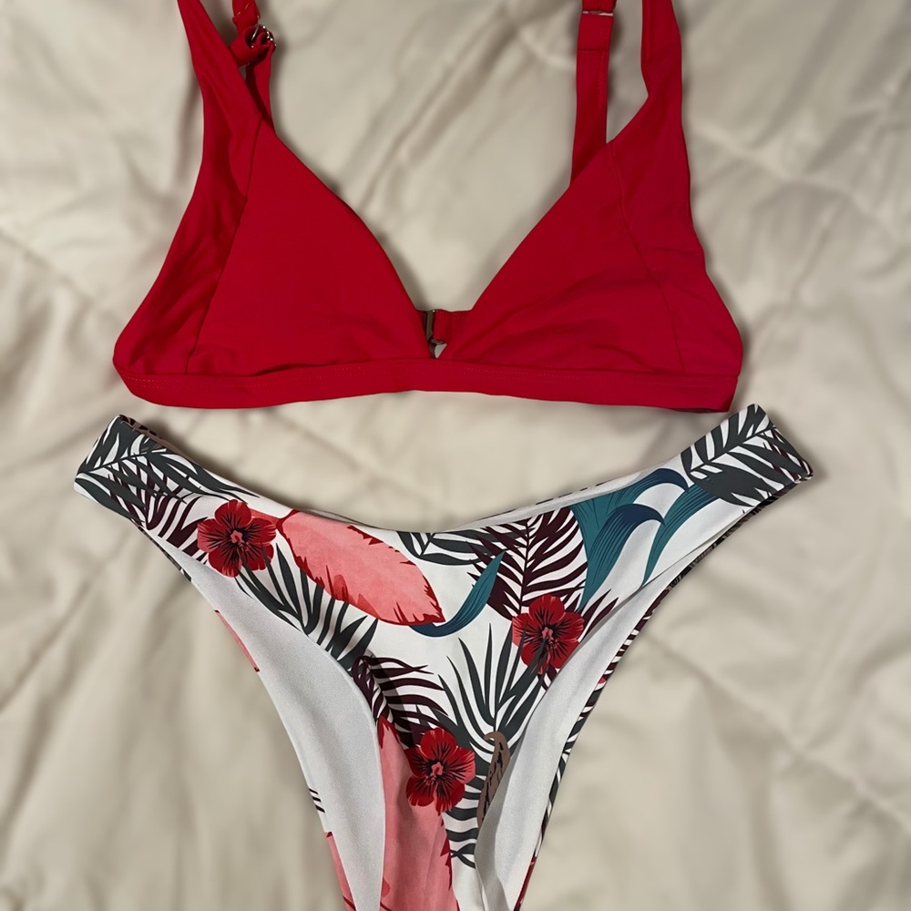 Red and White Bikini with Tropical Patterns